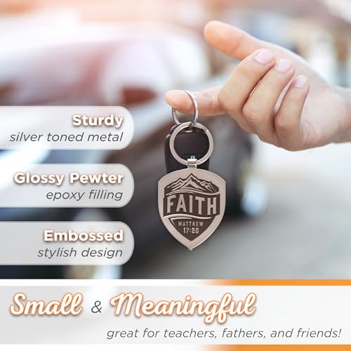 Christian Art Gifts Engraved Silver Metal Scripture Keychain for Men & Women: Faith - Matthew 17:20 Inspirational Bible Verse, Religious Accessory with Split Metal Key Ring for Car Keys, House Keys