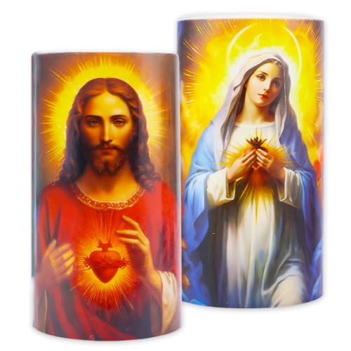 Religious Flameless Devotional Candle 2 Pack - Bundle with 2 Jesus Sacred Heart, Lady Guadalupe, Candles for Vigils, Prayers, Blessing, Ceremonies | Flameless Candle 3" x 6"
