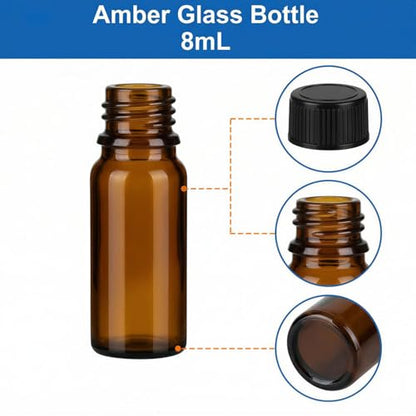 100Pcs 8ml Amber Glass Vials (2 Dram) with Caps - UV Protection Small Brown Sample Bottles for Essential Oils, Anointing Oil & Medicine - Leak Proof Travel Apothecary Jars - color: Amber, size: 8ML