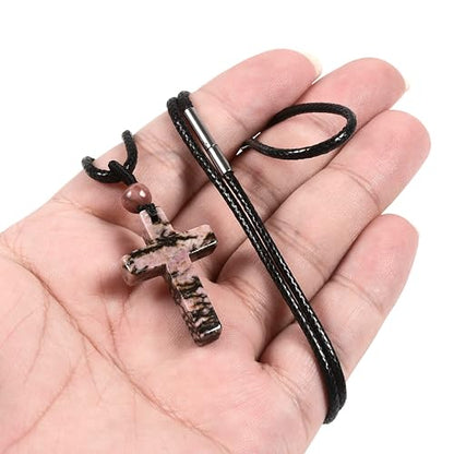 Justinstones Natural Gemstone Carved Cross Reiki Chakra Pendant Necklace 22 Inch - color: 30mm Matrix Rhodonite