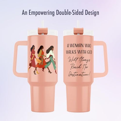 40oz Tumbler with Inspirational Quotes, African American Art, Handle, Straw & Twist-On Lid – Leak-Proof Insulated Drinkware for Black Women, Uplifting Gift - Woman with God - color: Woman with God