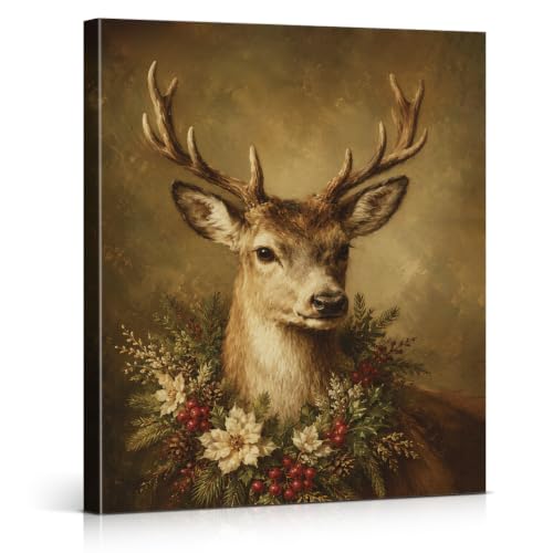Vintage Rustic Reindeer Christmas Wall Art Print Christmas Wall Decor - color: color-J