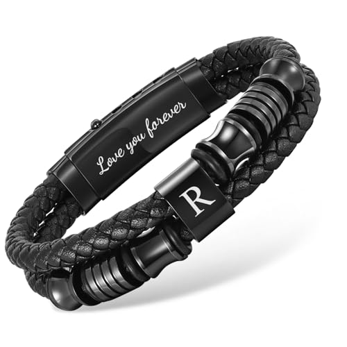 Initial Leather Bracelets for Men, Double-Row Braided Adjustable Wristband - color: Initial R