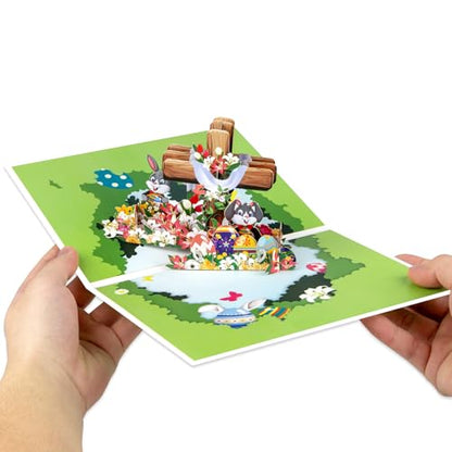 Religious Easter Pop Up Card with Woodgrain Cross, 3D Christian Easter Greeting Card with Rabbit and Floral Eggs, Faith-Inspired Family Easter Gift - color: Cross&Bunnies