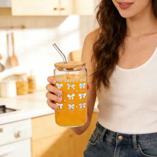 IWXYI Coquette Blue Bow Christian Glass Cup with Lids and Straws 14oz, Christian Gifts for Women, God Says I Am Bible Verse Religious Iced Coffee Tea Drinking Glasses with Cleaning Brush - color: Blue bow