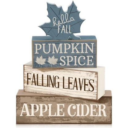 Moucuny 4 Pcs Fall Table Decoration Rustic Blue Maple Leaf Wooden Blocks - style: Blue Maple Leaves