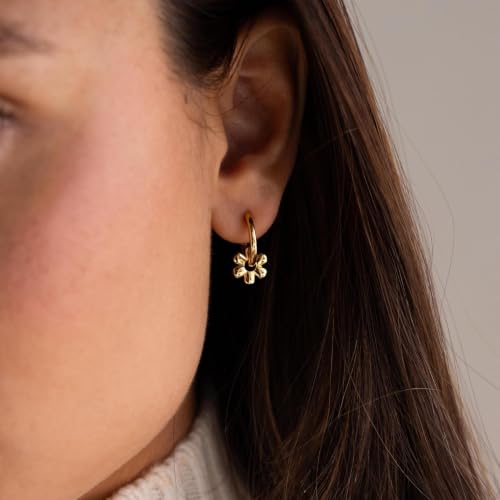 Dangle Earrings for Women, Dainty Huggie Hoop Dangle Earrings - color: Flower 01 Dangle Gold