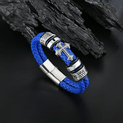 Mens Christian Cross Double Row Leather Bracelet, Religious Braided Cuff Bracelet for Men - color: Blue, size: 8.1 inches
