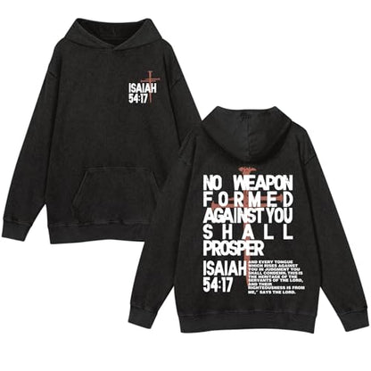 Christian Hoodies Men Jesus No Weapon Formed Against You Sweatshirts Faith God Oversized Acid Wash Graphic Pullover - color: Black, size: X-Large