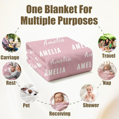 Ships Next Day, Personalized Baby Blanket with Name - Custom Newborn Hospital Swaddle Blanket, Super Soft Plush Flannel Baby Gift for Birth Announcement Shower Easter Gifts for Toddler Kids - color: Pink 2