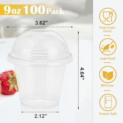 Lamosi 100 Pack 9 oz Clear Plastic Cups with Dome No Hole Lids - size: 100Pack-Dome Lids