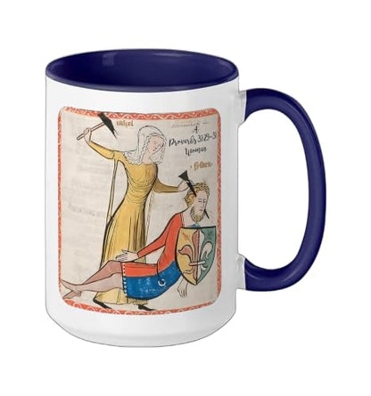 Proverbs 31 29 31 Woman Medieval Christian Art Design Ceramic Mug, Dark Blue/White, 15oz - color: Dark Blue/White, size: 15 Ounces