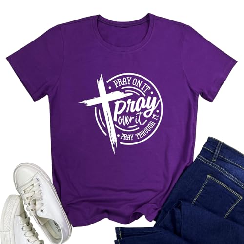LOOKFACE Womens Pray Graphic Tees Cute Tops - color: Purple, size: X-Large