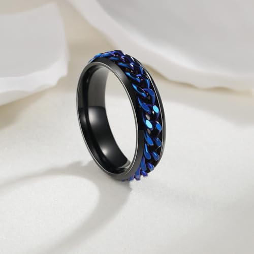 Mens Fidget Rings Anxiety Ring for Men 6mm 8mm Chain Spinner Ring Size 5-14 - color: Titanium Black Blue