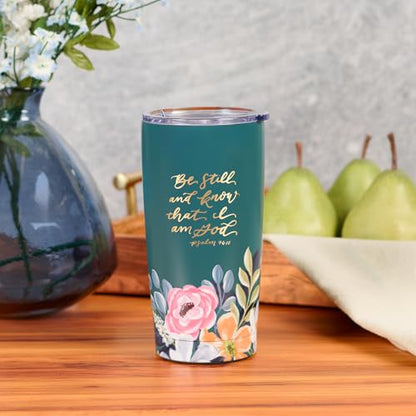 Christian Art Gifts Large Be Still and Know Travel Mug Tumbler for Women - color: Teal Floral/Be Still