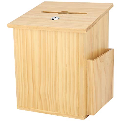Wood Charity Donation collection Box Office suggestion Ballot Box With wide slot for envelopes and suggestion comment forms, side Pocket and Locking Hinged Lid & Pen for Table Or Counter-top(Natural) - color: Natural Wood