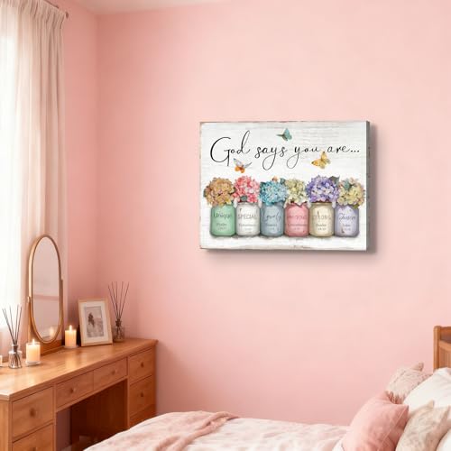 Inspirational Bible Verse Wall Art God Says You Are Sayings Wall Decort Christian Gift Quotes Painting scripture Pictures Print Flowers in Mason Jar Poster for Women Girls Bedroom(24x16 Canvas) - color: yellow-canvas, size: 24"L x 16"W