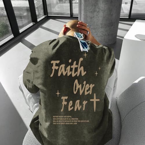 Christian Shirts for Men Faith Over Fear Acid Wash Tshirts Faith Religious Tees God Bible Verse Inspirational Tops - color: Army Green, size: Medium