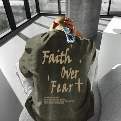 Christian Shirts for Men Faith Over Fear Acid Wash Tshirts Faith Religious Tees God Bible Verse Inspirational Tops - color: Army Green, size: X-Large