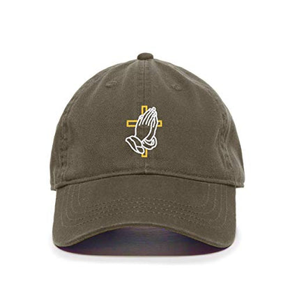Praying Hands with Cross Baseball Cap Embroidered Cotton Adjustable Dad Hat - color: Olive