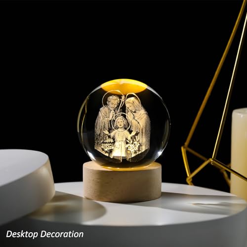 Arikyrist 3D Engraved Crystal Jesus Holy Family Statue Figurine, 3D Crystal Ball Holy Family Statue Catholic with Wooden Base, Crystal Praying Hands with Jesus Christian Religious Easter Gifts - color: 3d Holy Family