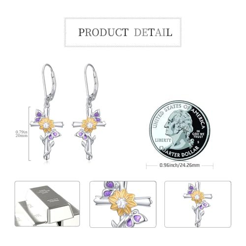 925 Sterling Silver Sunflower/Rose/Plumeria/Hibiscus/Mushroom Cross Earrings for Women Hawaiian Flower/Butterfly Cross Dangle Drop Earrings Jewelry Faith Christian Gift for Her Daughter Wife Girlfriend - style: Sunflower Cross 2