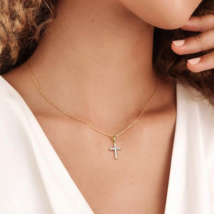 LANE WOODS Moissanite Small Cross Necklace for Women: Dainty Tiny 14K Gold Plated Sterling Silver Pendant Simulated Diamond Layered Chain Necklace Minimalism Jewelry - style: 2-Gold