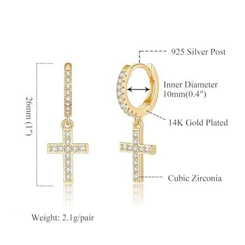 Cross Dangle Hoop Earrings for Women with CZ Stones - color: Gold