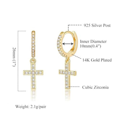 Cross Dangle Hoop Earrings for Women with CZ Stones - color: Gold