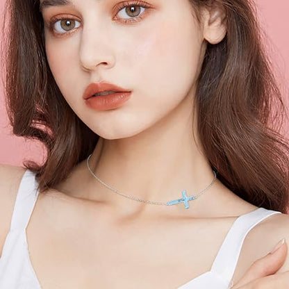 DAOCHONG S925 Sterling Silver Sideways Cross Choker Necklace 14+4 Inch - color: Silver-Created Turquoise