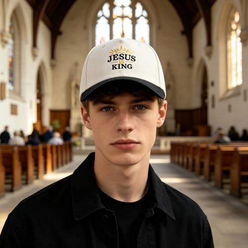 Embroidered Christian Two-Tone Baseball Cap for Men & Women, Adjustable Dad Hat Christmas Easter Gift - color: Crown Shape Jesus is King, Black/Beige