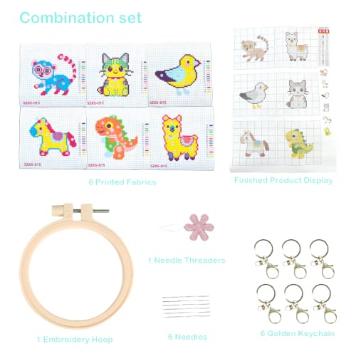 57lilina Easy Embroidery Kit for Kids Beginners, 6 Set Cute Stamped Pattern - color: Alpaca+Seagull+Cat+Horse+Dinosaur+Lemur