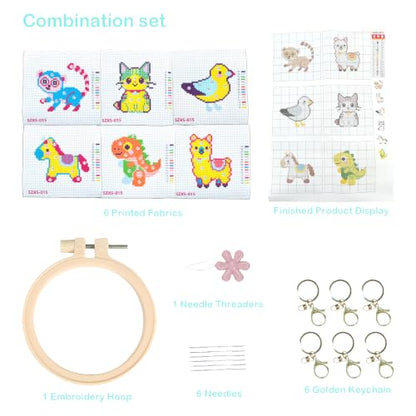 57lilina Easy Embroidery Kit for Kids Beginners, 6 Set Cute Stamped Pattern - color: Alpaca+Seagull+Cat+Horse+Dinosaur+Lemur