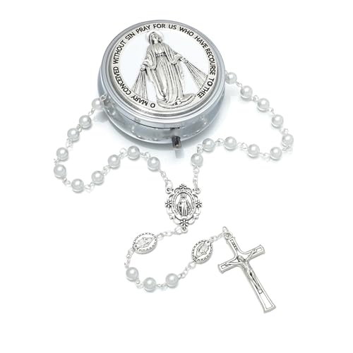 KOMI 6mm Glass Pearl Rosary Beads Catholic for Women with Metal Rosary Box Religious Gifts - style: Virgn Mary-white