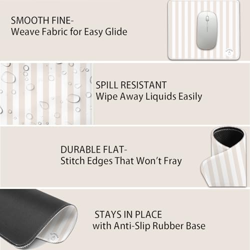 Mouse Pad for Desk with Stitched Edge, Premium Cute Washable Mouse Pads. Computer Mousepad with Non-Slip Rubber Base, Mousepads for Laptop, 9.25x7.75x0.12 inch (Cream Stripes) - color: Cream Stripes