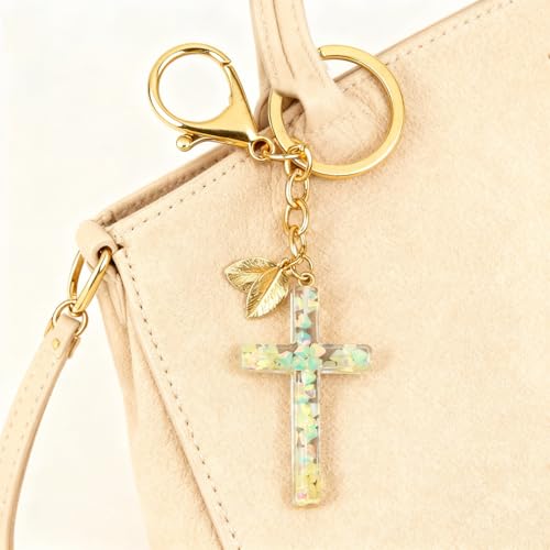 Angyape Cute Christian Cross Keychain for Women Purse Bag Charms Car Key Rings Accessories Flower Design Jesus Faith Gifts - color: L：green