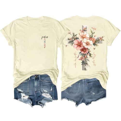 Faith Cross Christian T-Shirt with Boho Floral Cross Print Short Sleeve Casual Graphic Tee for Women - color: Creamy Yellow, size: Small