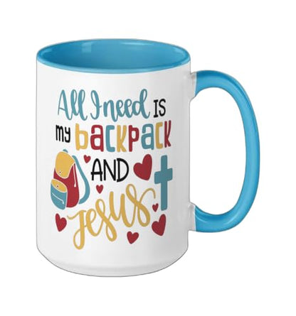 All I Need Is My Backpack and Jesus School Christian Kids Ceramic Mug, Blue/White, 15oz - color: Blue/White, size: 15 Ounces