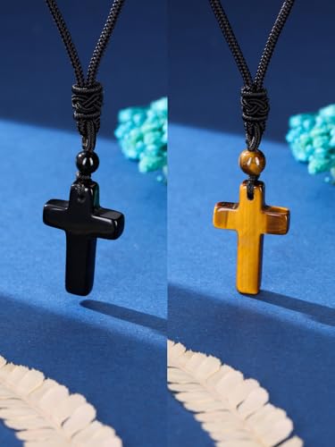 Top Plaza Healing Crystal Cross Necklace for Men - color: Tiger Eye Stone+Black Obsidian