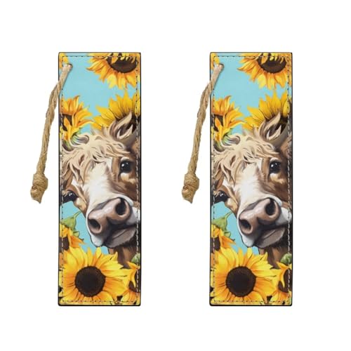 2 Pack Leather Cow Sunflower Bookmark Bookmarks for Teachers, Students, Book Lovers Pocket Kitten Fun Book Marks for Reading Cool Bookmarks, Adults Kids - color: Cow and Sunflower Pattern
