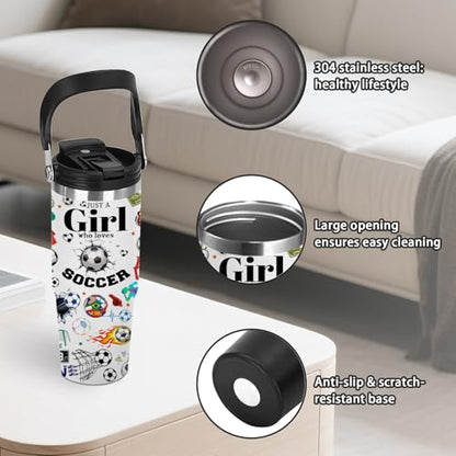 30oz Stainless Steel Insulated Tumbler with Handle, Soccer Gifts for Girls - color: Soccer1