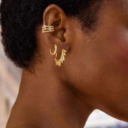 MYEARS Women Hoop Earrings Gold 14K Gold Filled Small Simple Handmade Hypoallergenic Everyday Illusion Jewelry - style: Sun Leaf