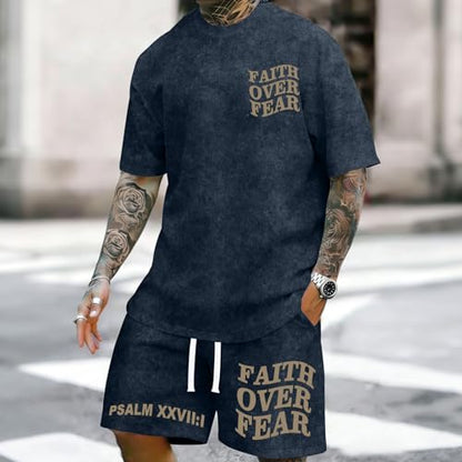 Men's Christian Shirt and Shorts Set Oversized Faith Over Fear T Shirt Washed Religious Bible Verse 2 Piece Outfits - color: Denim Blue, size: X-Large