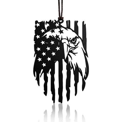 American Eagle Hanging Ornament with American Flag, Matte Black Metal Car Rearview Mirror Decoration, Patriotic Home and Office Decor, Eagles Metal Art for Car, Home, and Office - color: American Eagle