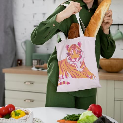 Preppy Coquette Pink Tote Bag, Trendy Shoulder Canvas Tote Bags, Durable Reusable Grocery Bag for Shopping and Travel - color: Tiger