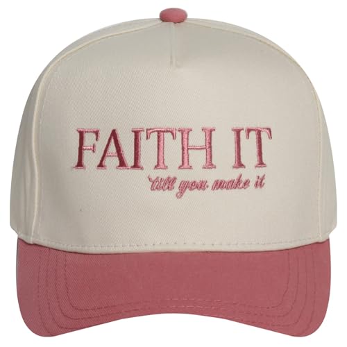 MIRMARU Christian Theme Embroidered 5 Panel Cotton Trucker Hat Snapback Cap for Men and Women - color: Faith It, Dusty Rose