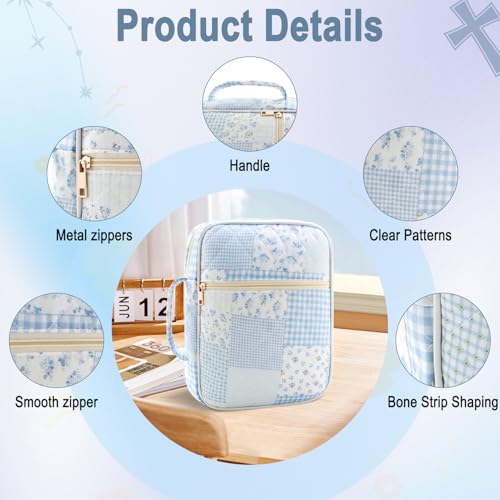 Zkptops Bible Cover Case for Women Large Bible Bag Cotton Quilted Bible Carrying Case with Zipper Pocket and Handle Carrying Book Cover for Christian Study Supplies Christian Gift(Blue Checkered) - color: Fr Blue Checkered