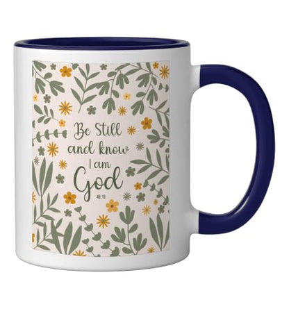 Be Still & Know That I Am God Psalm Bible Verse Floral Women Ceramic Mug, Dark Blue/White, 11oz - color: Dark Blue/White, size: 11 Ounces