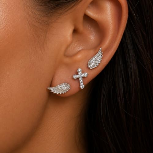 Angel Wing Stud Earrings for Women Crystal Cross Screw Back Wings Earrings Piercing Jewelry - color: 3pcs Silver