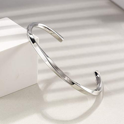 CIUNOFOR Stainless Steel Cuff Bracelets for Men, Men’ Silver Metal Simple Bangle Bracelet, 8.5 inches Inner Circ., Twisted Bracelet for Adult, Viking Jewelry Gift - color: White gold plated